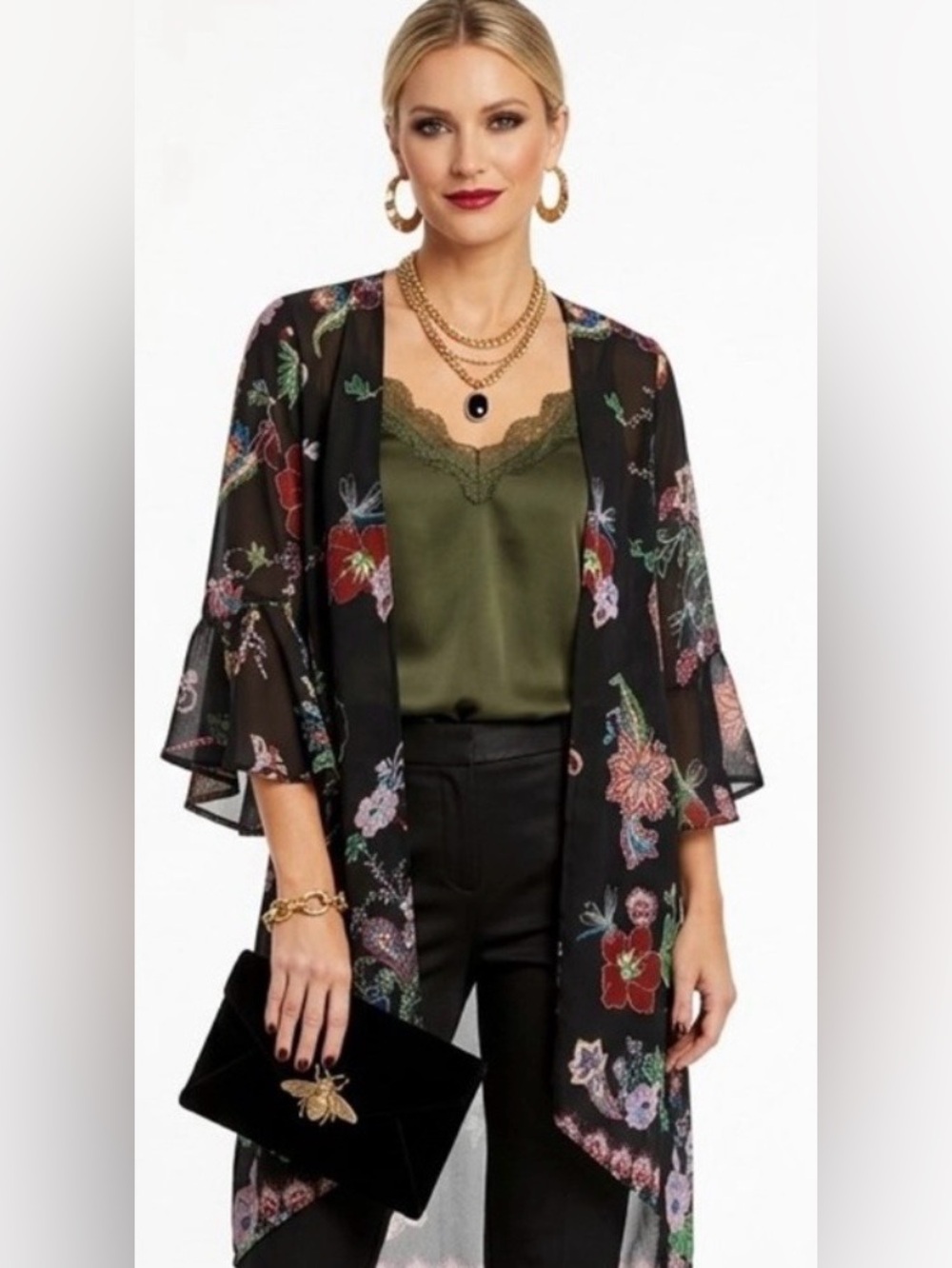 Live 4 Truth Black Floral Kimono Cardigan Ruffled Sleeves retails $60